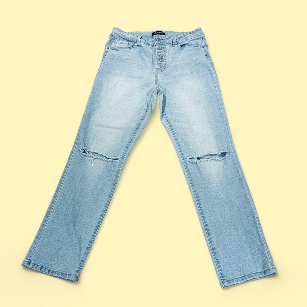 Light-Wash High-Waist Distressed Straight-Leg Button Fly Jeans 6